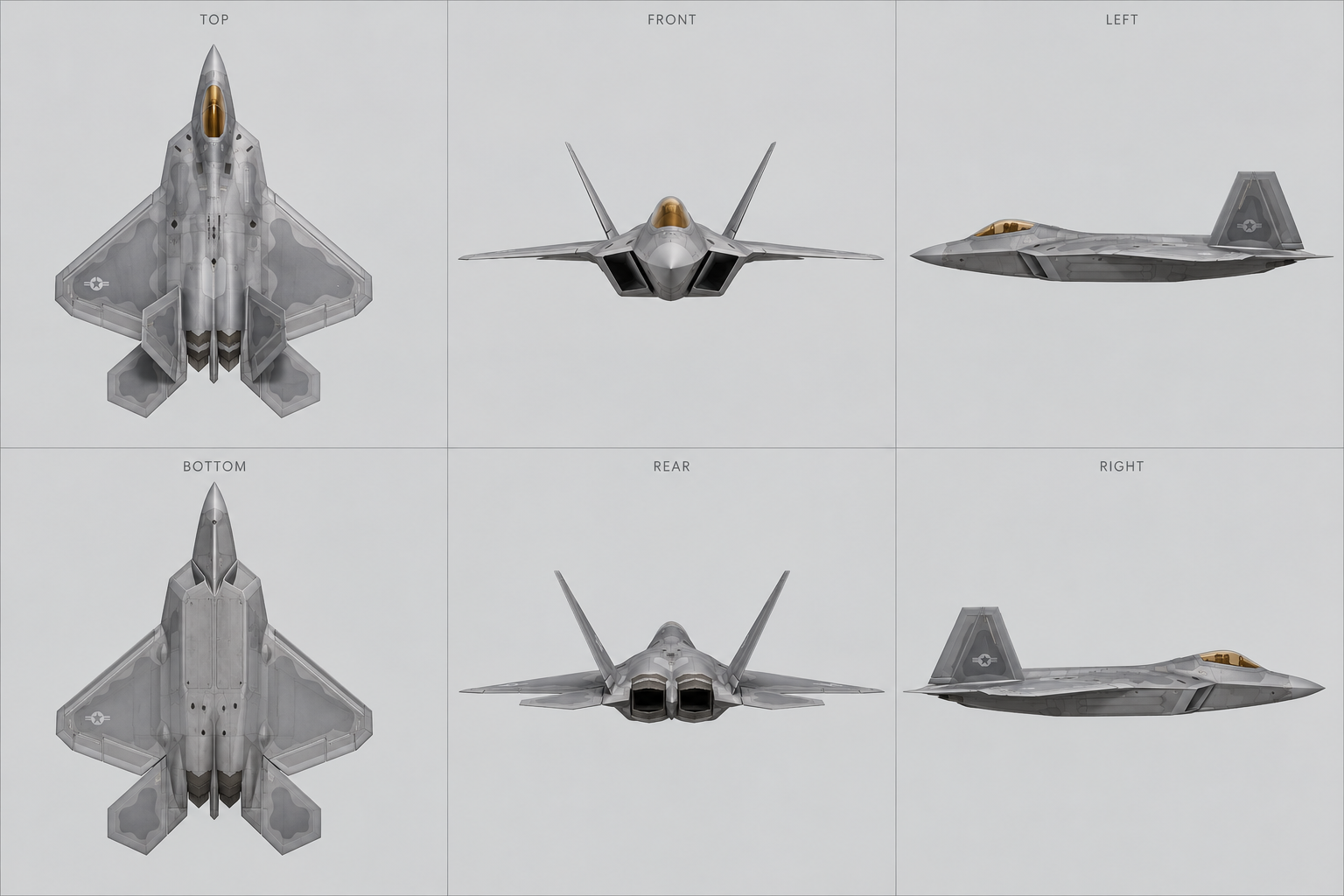 F-22 六面圖：上、前、左；下、後、右